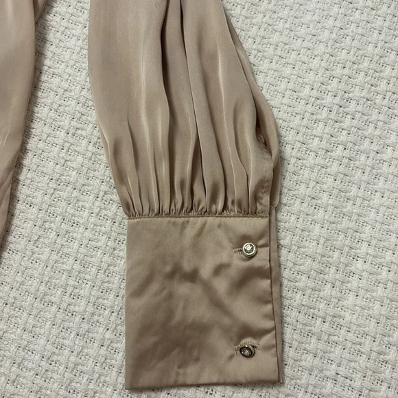 VINTAGE BERIN satin blouse top button front ruffle layers neck ties taupe large - Picture 9 of 13